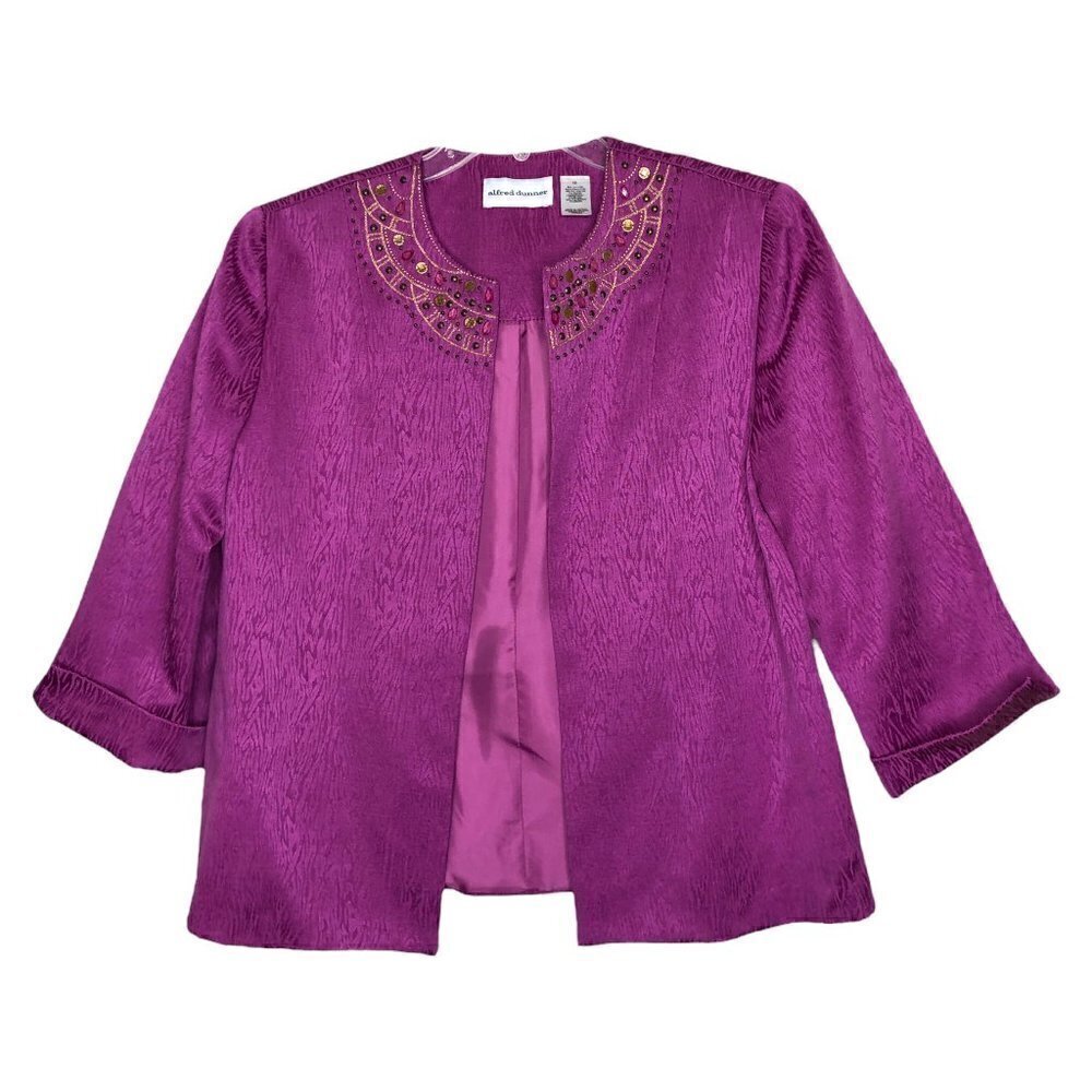 NWT Alfred Dunner Purple Cotton Embroidered Beaded Blazer - Sz 10